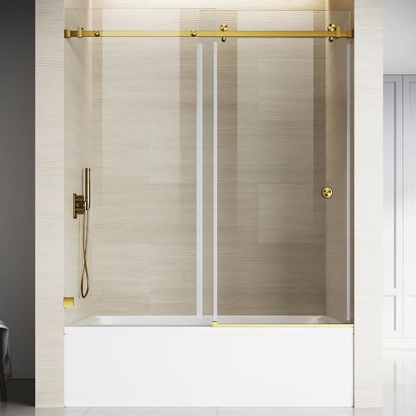 UNIKOO UKS09 56 to 60 in. W x 66 H Single Sliding Frameless Bathtub Door in Satin Brass with EnduroShield 3/8 in. Clear Glass