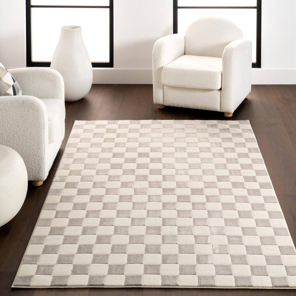 Cream and Gray Checkered Machine Washable Synthetic Area Rug, 3' x 5'