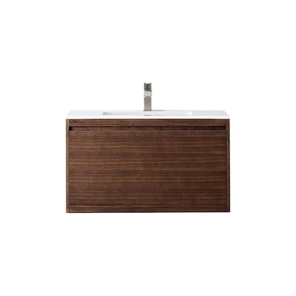 James Martin Vanities Milan 35.4 in. W x 18.1 in. D x 20.6 in. H Bathroom Vanity in Mid Century Walnut with Glossy White Composite Top