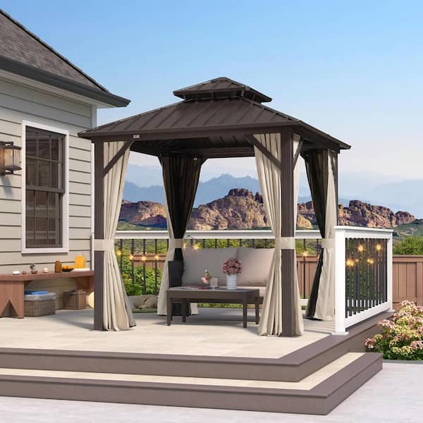 8 ft. x 8 ft. Bronze Aluminum Outdoor Hardtop Gazebo Metal Frame Galvanized Double Roof with Curtains and Nettings