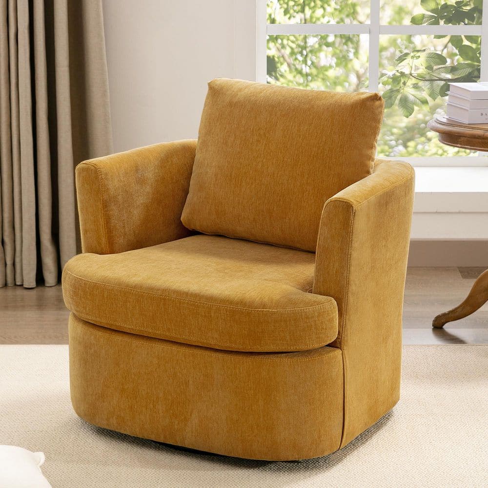 LUE BONA 32 in. W Mustard Chenille Swivel Accent Barrel Chair