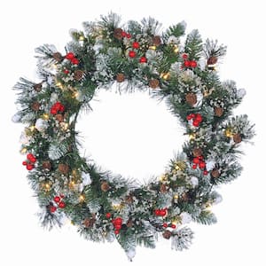24 in Prelit 35 UL Clear Lights Hard/Mixed Needle Glazier Pine Artificial Christmas Wreath, Iced Tips, Pine Cones