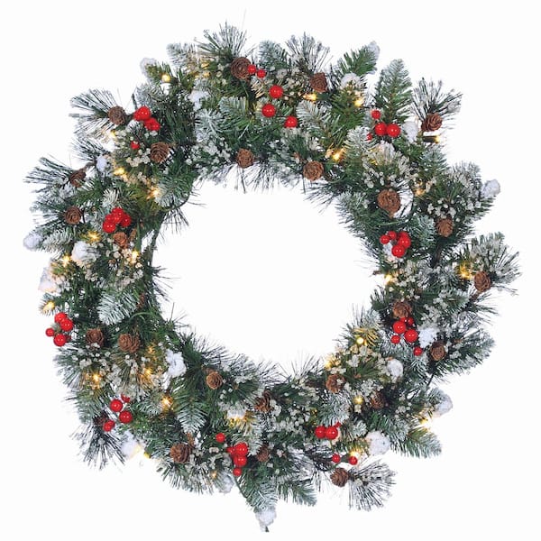 Sterling 24 in Prelit 35 UL Clear Lights Hard/Mixed Needle Glazier Pine Artificial Christmas Wreath, Iced Tips, Pine Cones