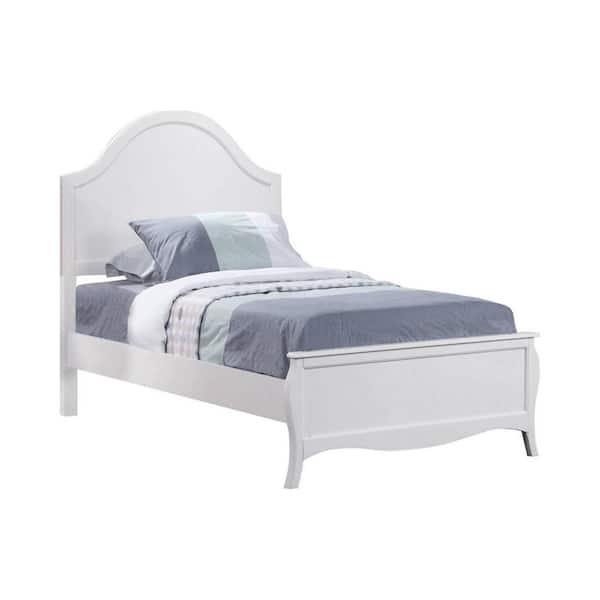 Benjara White Wooden Frame Twin Platform Bed with Camelback Headboard and Flared Legs