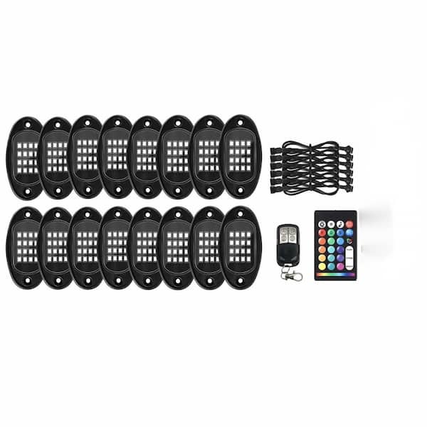 16-Pod Segmented RGB LED Rock Lights with App and RF Remotes for 12V Vehicles, Waterproof Underbody Kit