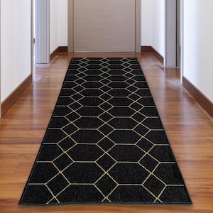Hexagon Trellis Black Color 31 in. Width x Your Choice Length Custom Size Roll Runner Rug/Stair Runner