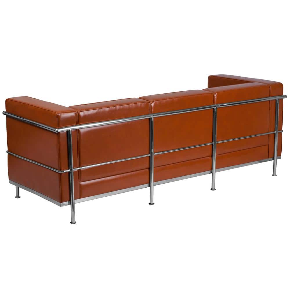Cognac Faux Leather Sofa with Stainless Steel Frame and Removable Cushions