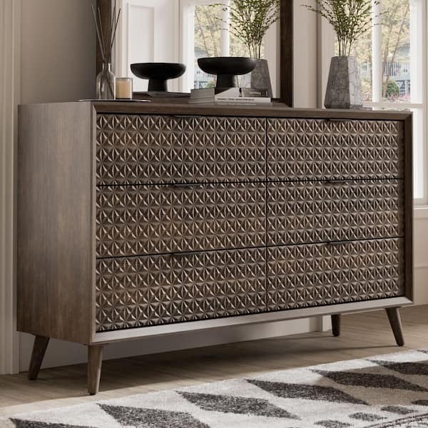 Furniture of America Thease Dark Brown 6-Drawer 61 in. Dresser with Textured Drawer Front Panels and Tapered Legs