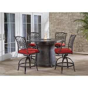 Traditions 5-Piece Aluminum Outdoor Dining Set with Red Cushions, 4-Swivel Chairs and Cast-top Fire Pit Table