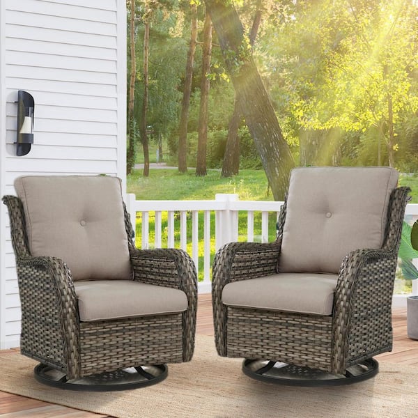 Gymojoy Carolina Gray Wicker Outdoor Rocking Chair with CushionGuard Beige Cushion (2-Pack)