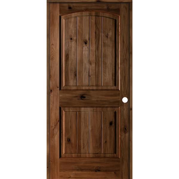 EMOH 28 in. x 80 in. Knotty Alder 2 Panel Left-Hand Arch V-Groove Provincial Stain Solid Wood Single Prehung Interior Door