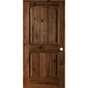 32 in. x 80 in. Knotty Alder 2 Panel Left-Hand Arch V-Groove Provincial Stain Solid Wood Single Prehung Interior Door