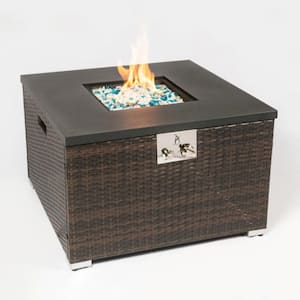 32 in. x 32 in. 40000 BTU Square Wicker Propane Outdoor Fire Pit Table with Glass Rocks, Dark Brown