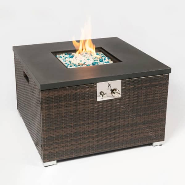 Afoxsos 32 in. x 32 in. 40000 BTU Square Wicker Propane Outdoor Fire Pit Table with Glass Rocks, Dark Brown