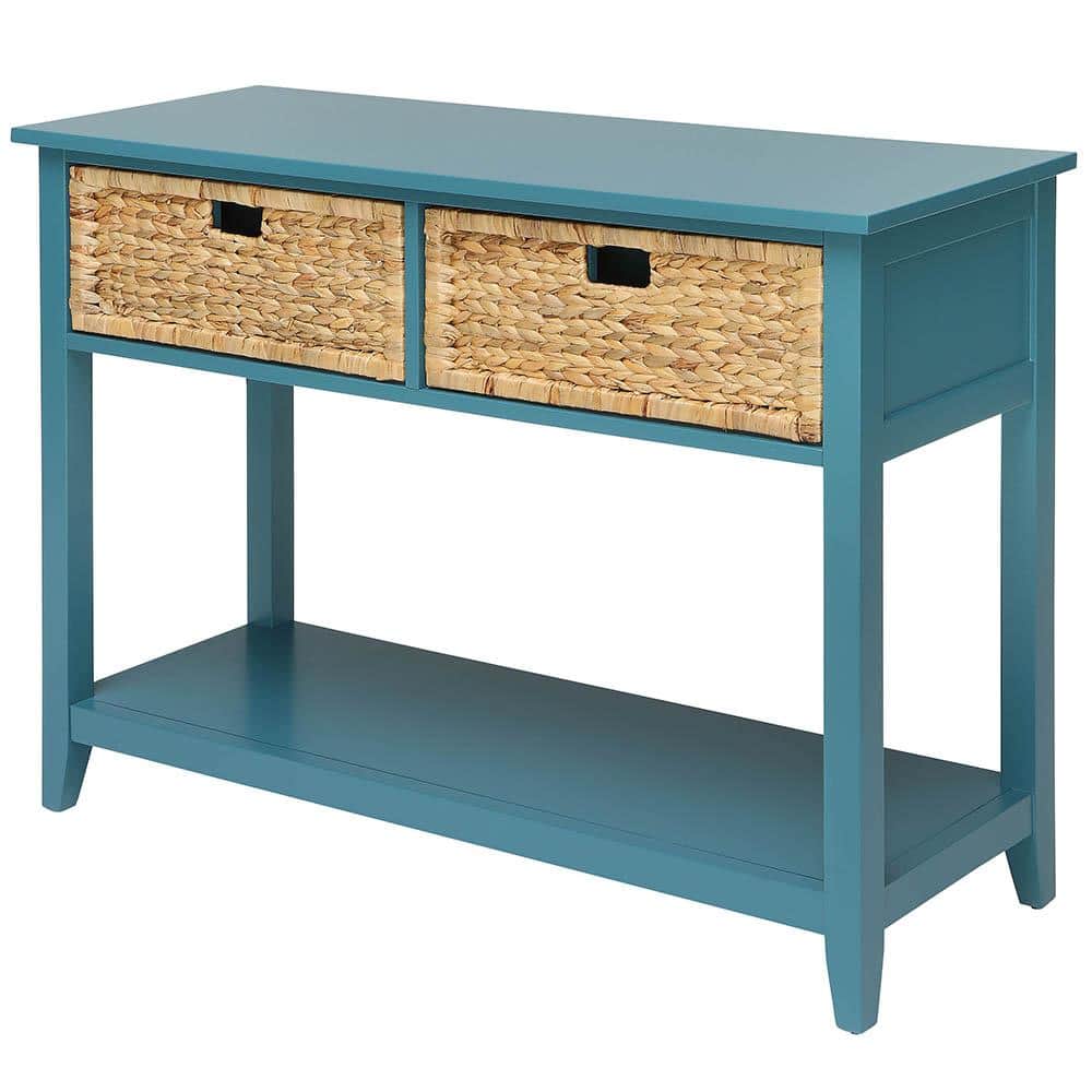 Teal Wood Console Table with Storage Baskets and Shelf