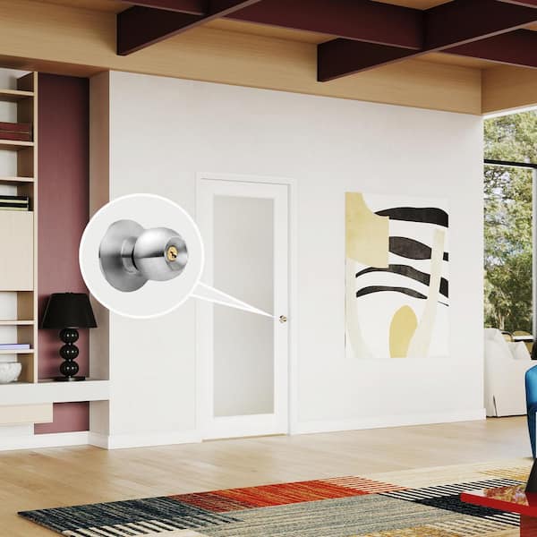 TENONER 32 in. x 80 in. Full-Lite Frosted Glass Interior Door Panels MDF White Single Slab Finished With Silver Sphere Doorknob