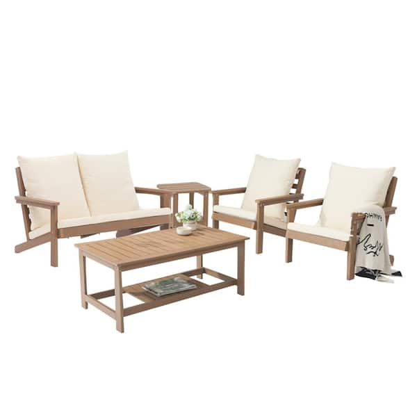Clihome Brown 5-Piece Wood Grain Plastic Patio Conversation Set with Beige Thickened Cushions