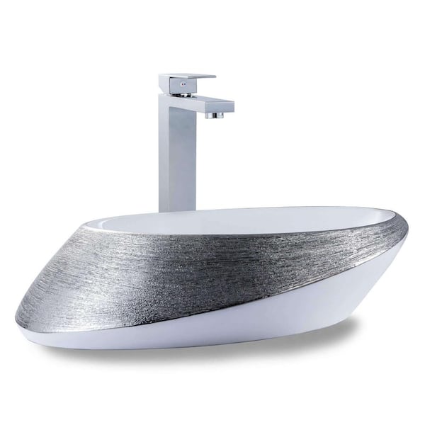 FINE FIXTURES Luxury Silver Ceramic Oval Vessel Sink