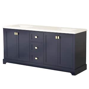 72.6 in. W x 22.4 in. D x 40.7 in. H Double Sink Freestanding Bath Vanity in Navy Blue with White Marble Top