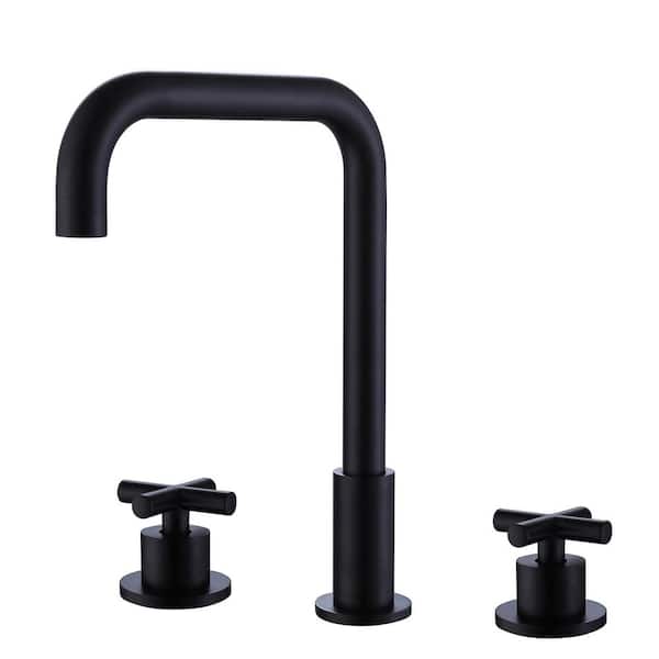 8 in. Widespread Double Cross Handle High Arc Bathroom Faucet with Drain Kit Included in Black
