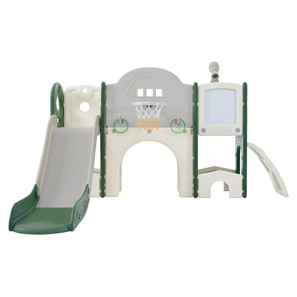 9-in-1 Green Gray Freestanding Kids Slide Playset with Slide, Arch Tunnel, 