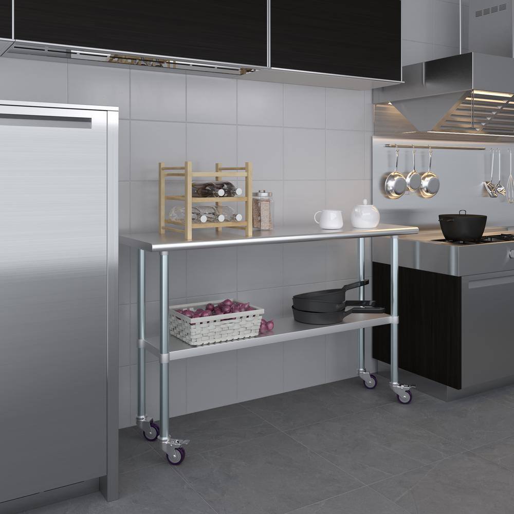 60" Stainless Steel Work Table with Galvanized Undershelf and Casters
