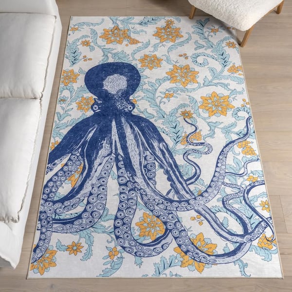 Molly Octopus Spill Proof Washable Blue 5 ft. x 8 ft. Indoor Area Rug