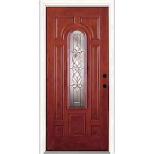 37.5 in. x 81.625 in. Lakewood Zinc Center Arch Lite Stained Cherry Mahogany Left-Hand Fiberglass Prehung Front Door