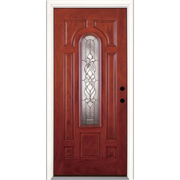 Feather River Doors 37.5 in. x 81.625 in. Lakewood Zinc Center Arch Lite Stained Cherry Mahogany Left-Hand Fiberglass Prehung Front Door
