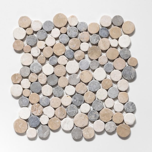 TILE CONNECTION Stone Penny Rounds Tan, White, Grey 11-1/2 in. x 11-1/2 in. Honed Marble Mesh-Mounted Mosaic Tile (10.12 sq.ft./Case)