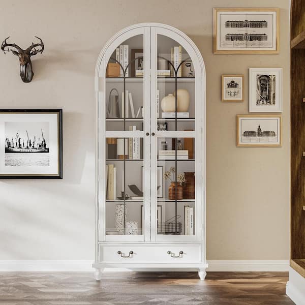 White 77.2 in. Accent Cabinet Office Storage Cabinet with 5 Shelves,Large Drawer,Arched Display Cabinet with Glass Doors