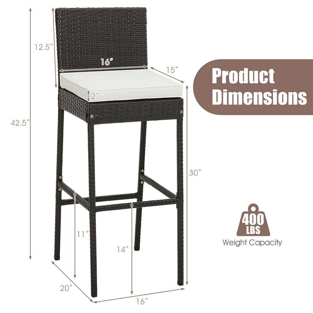 Black and Off-White Cushioned Wicker Barstools with Footrest - Set of 2