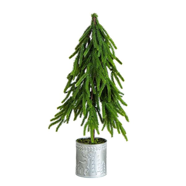 20 in. Artificial Real Touch Down Swept Norfolk Island Pine in Christmas Tin Metal Planter with Natural Look