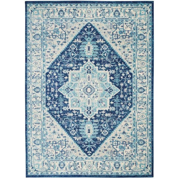 6 ft. x 9 ft. Ivory And Blue Floral Medallion Distressed Area Rug