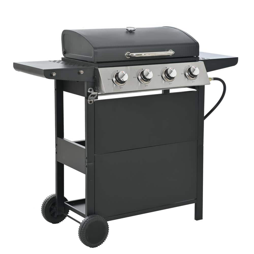 Black Stainless Steel 4-Burner Propane Gas Grill with Side Burner