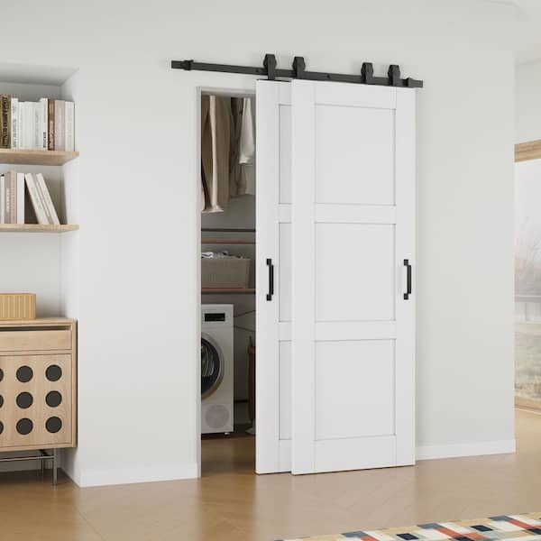 ARK DESIGN 48 in. x 80 in. (Double 28 in.) 3-Panel White Primed Solid Core MDF Sliding Barn Door with Hardware Kit Bypass