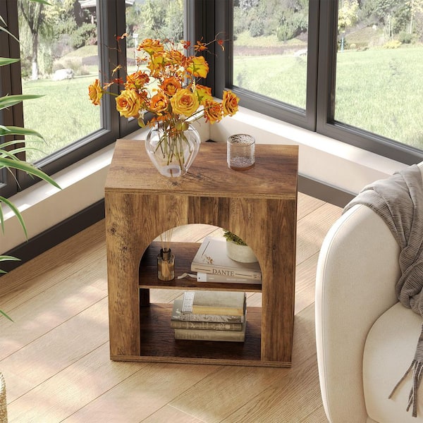 Farmhouse 23.62 in. Brown Wood End Table with 2 Shelves-Sofa Side Table for Living Room, Bedroom and Storage