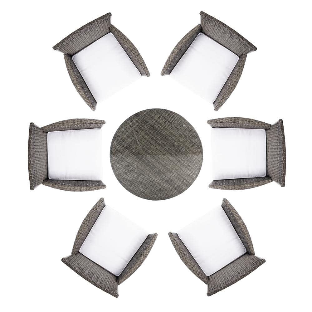 Challe 47" Round Grey Brown Wicker Outdoor Dining Set with White Cushions