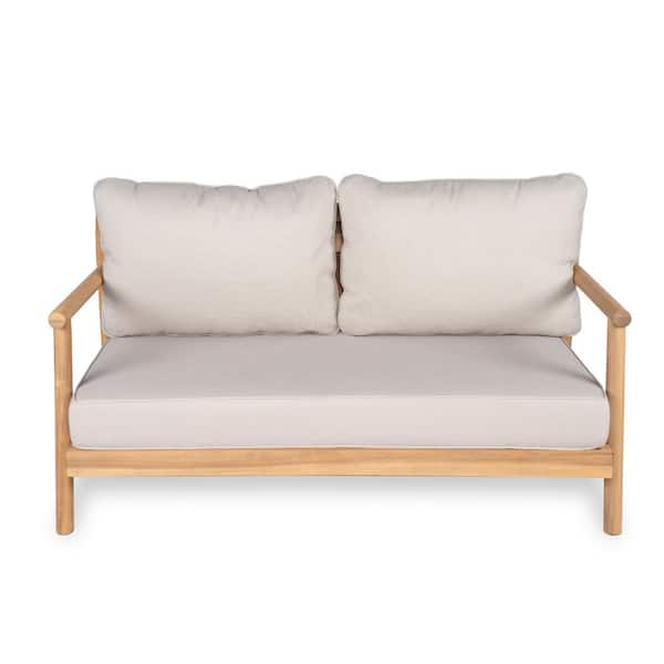 Galena Modern Patio Solid Wood 2-Seats Couch Sofa Outdoor Loveseat with Beige Cushions, Teak Finish