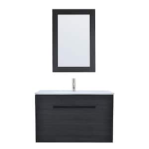 32 in. W x 17.91 in. D x 20.27 in. H Single Sink Wall Hung Bath Vanity in Black with White Ceramic Top and Mirror