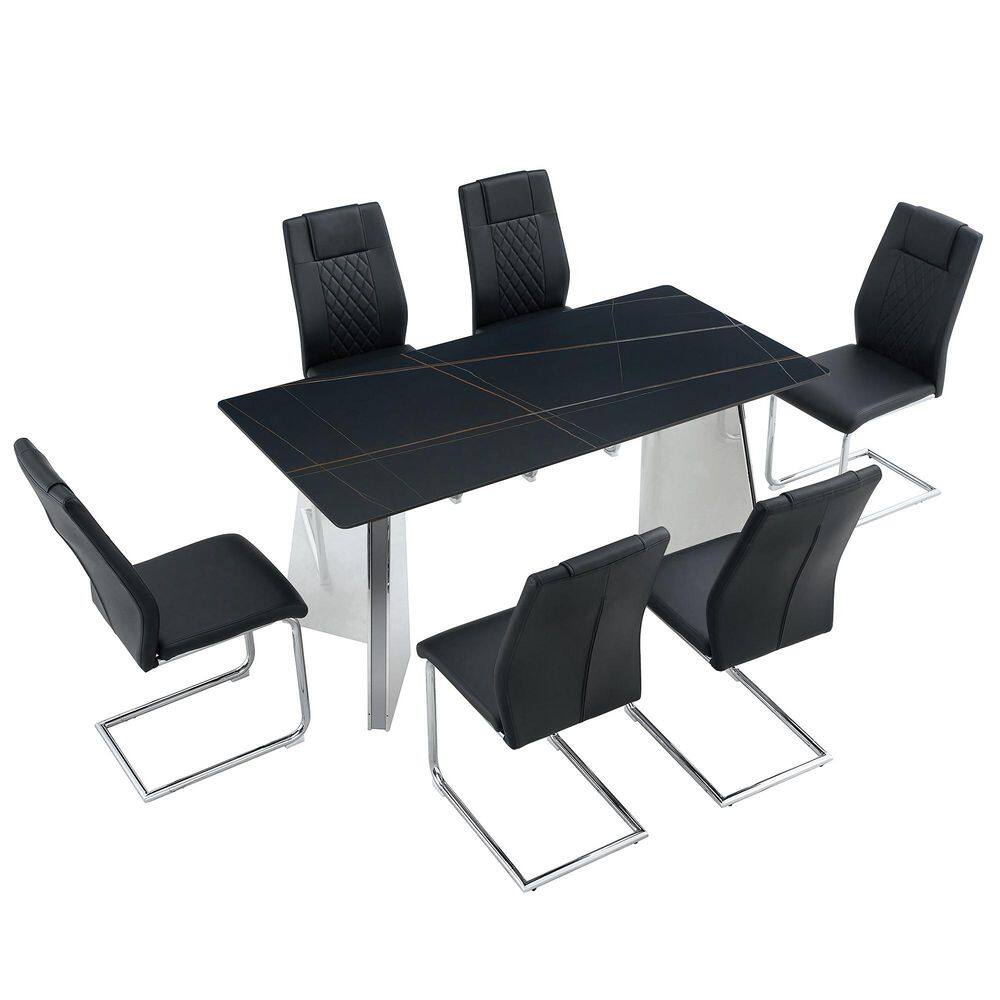 7-Piece Rectangular Black/Silver Stone Top Dining Table Set Seats 6 with 6 PU chairs