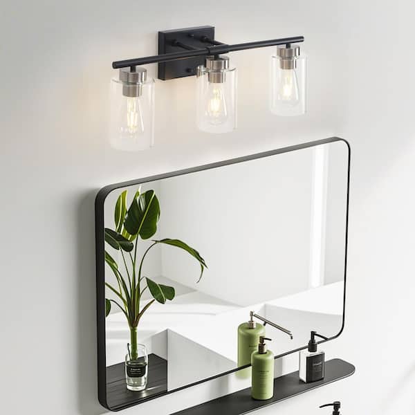 22.8 in. 3-Light Black and Nickel Vanity Light with Clear Glass Shade