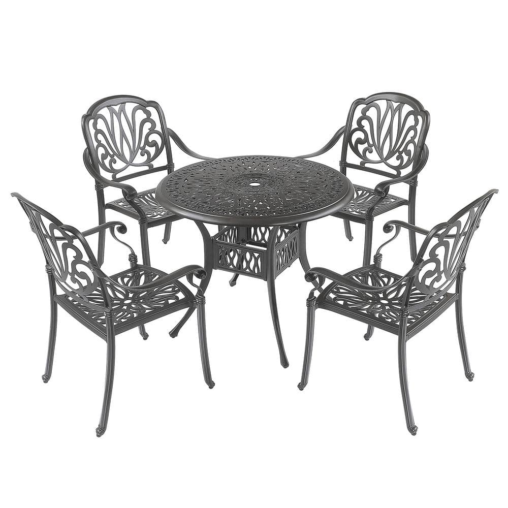5-Piece Black Aluminum Outdoor Dining Set with Umbrella Hole