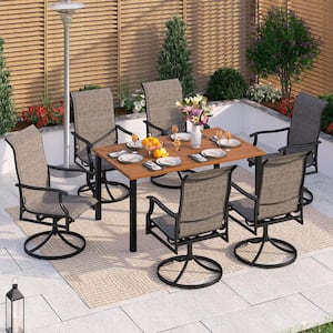 Black 7-Piece Metal Outdoor Patio Dining Set with Wood-Look Rectangle Table and Padded Textilene Swivel Chairs