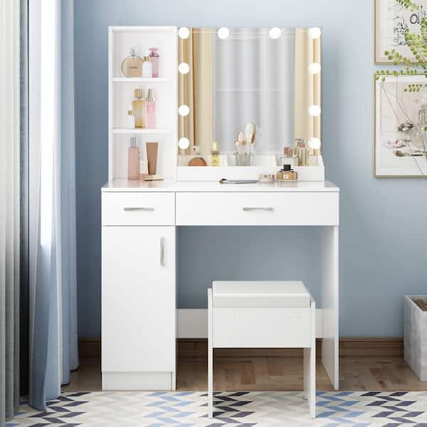 Unbranded White 35.5 in. Makeup Vanity with Lights and Drawer Vanity Table Bench with Lighted Mirror