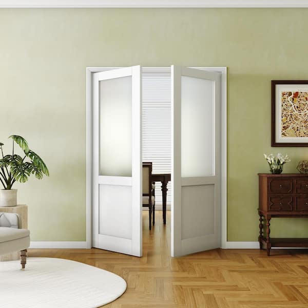 30 in. x 80 in. MDF 1/2-Lite Frosted Glass Solid White Primed, Standard Interior Door Manufactured Wood Double Slab