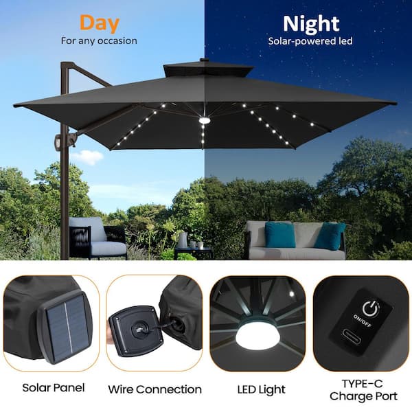 cantilever patio umbrella with solar panel on top PURPLE LEAF SUNBRELLA Lights, 10x10FT Outdoor Umbrella, Cast Ash Light up your nights and shade your days in style Rotihom 11FT Solar Powered LED