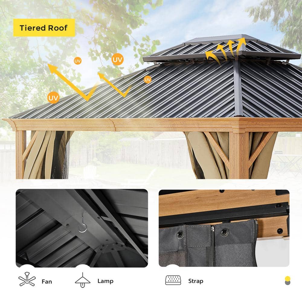 11x10 Black and Beige Metal Hardtop Patio Gazebo with Netting