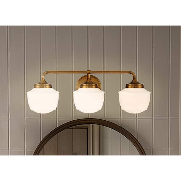 Cornwell 23 in. 3-Light Aged Brass Vanity Light with Etched Opal Glass Shades