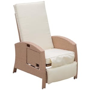 Beige Adjustable Recliner Plastic Rattan Outdoor Lounge Chair with White Cushions & Drink Tray